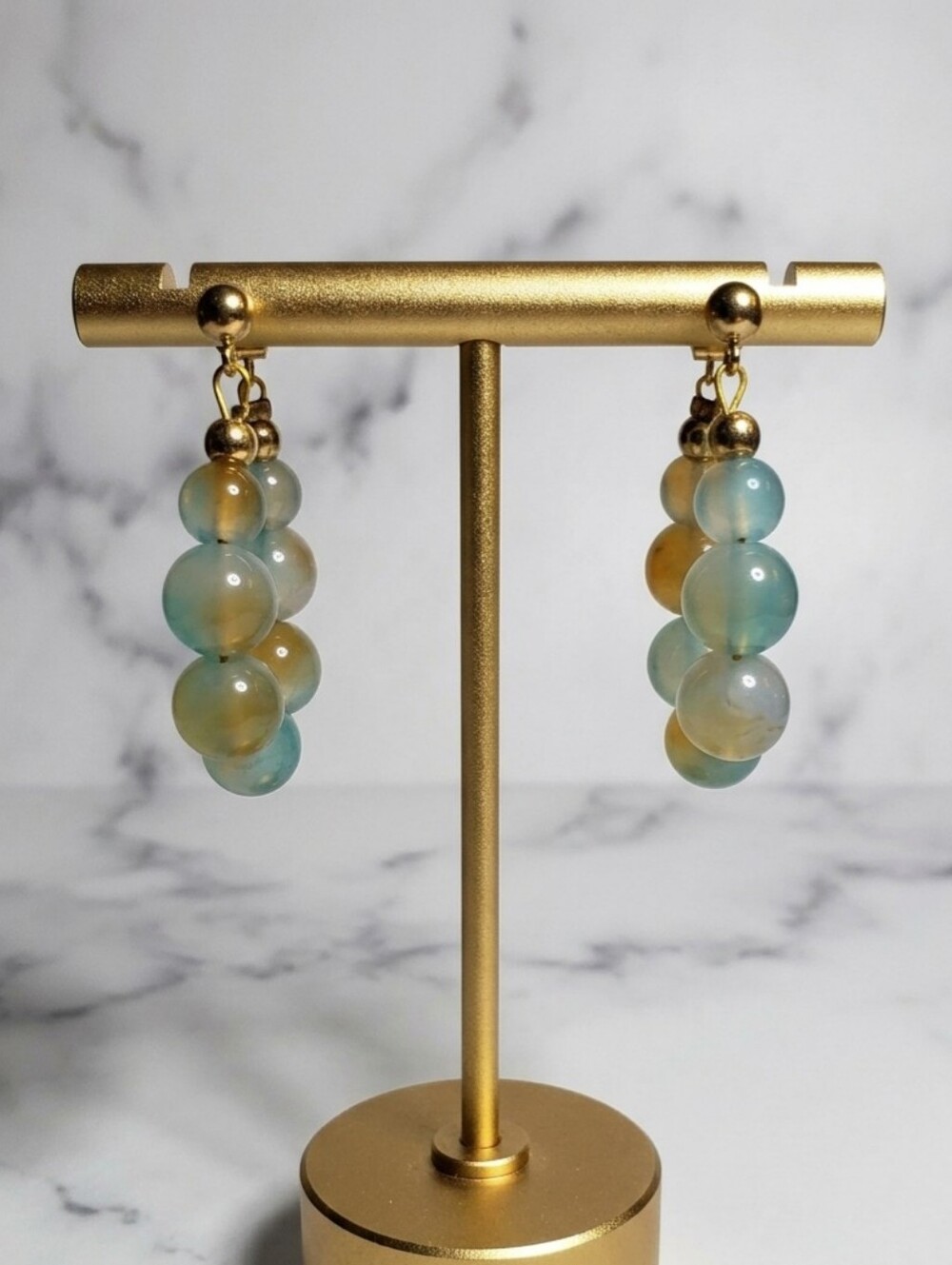 Earthy Aqua & Amber Beaded Hoop Earrings - Hypoallergenic